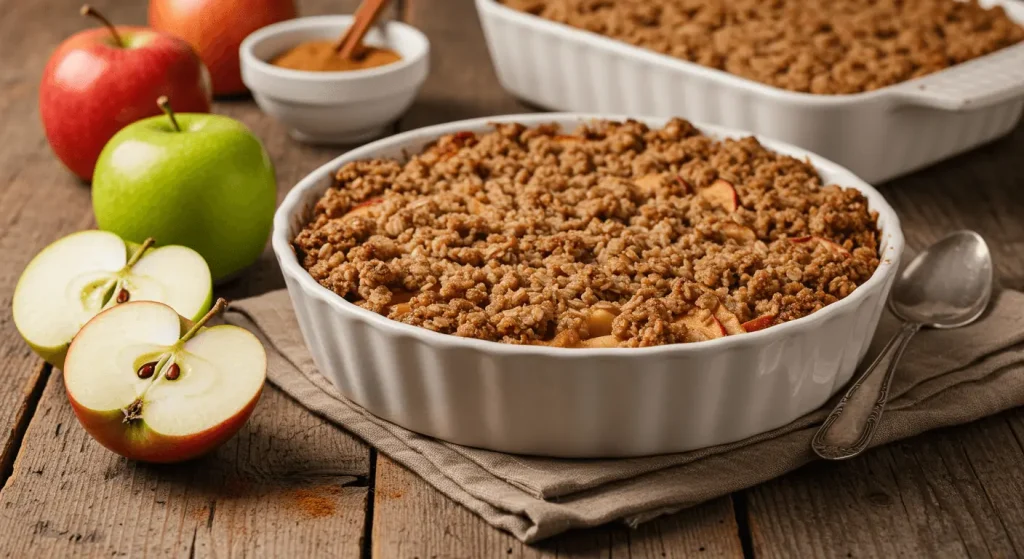 Apple Crisp Recipe with Granola and Fresh Apples A rustic apple crisp recipe with granola topping, surrounded by fresh Granny Smith, Fuji, and Honeycrisp apples on a wooden table with warm natural lighting.