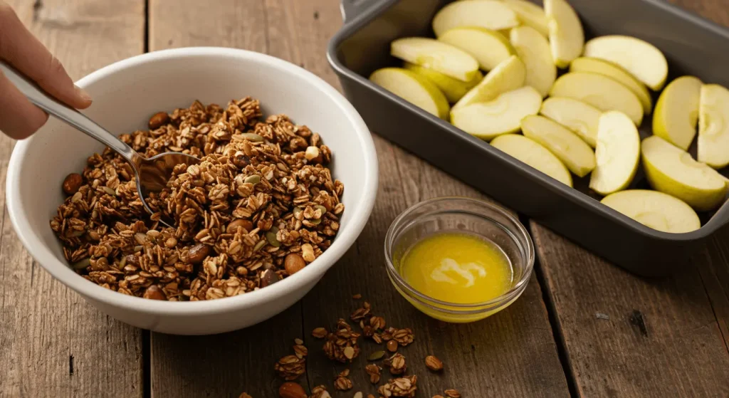 Perfect Granola Topping for Your Apple Crisp Recipe with Granola Preparing the granola topping for an apple crisp recipe with granola, featuring granola, melted butter, and a baking dish of apples.