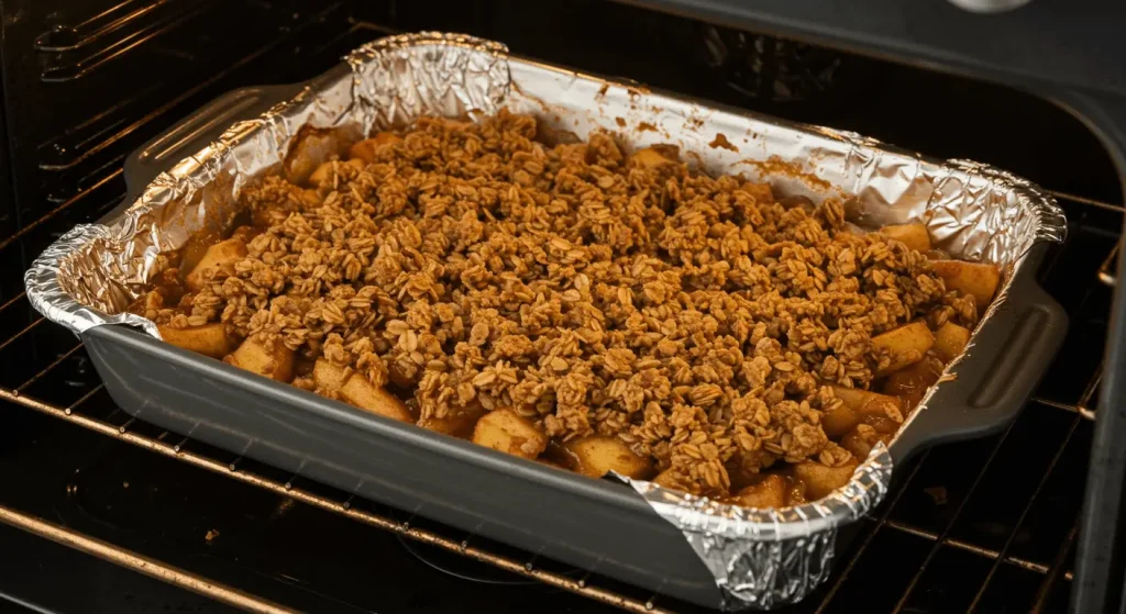 Baking the Perfect Apple Crisp Recipe with Granola: Tips for Success Apple crisp recipe with granola baking in a shallow dish, partially covered with foil to prevent over-browning.